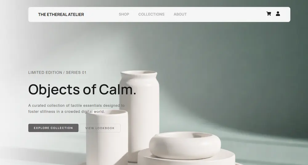 Home page hero design for The Ethereal Atelier ecommerce store, designed by Shopify website designer Isha Shafi